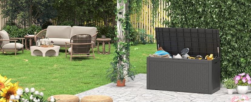 100 Gallon Outdoor Storage Box, Resin Deck Boxes Outdoor Waterproof For Patio Furniture, Garden Tools, Pool Supplies, Lockable And UV Resistant (Rattan Black)