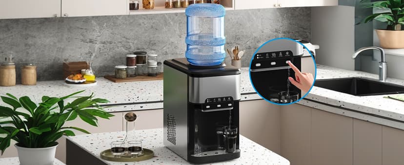 TABU 3-in-1 Countertop Water Dispenser&Ice Maker with 3 Temp Settings, 44LBS/24H, 4LBS Storage, Top-Loading, for 3-5 Gallon Bottles