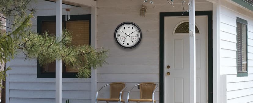 45MinST 13-Inch Vintage Outdoor Wall Clock with Thermometer and Hygrometer, Waterproof, Large Numbers, Silent, for Indoor and Outside Use,Porch,Garden,Pool(Black Frame with Silver Trim)
