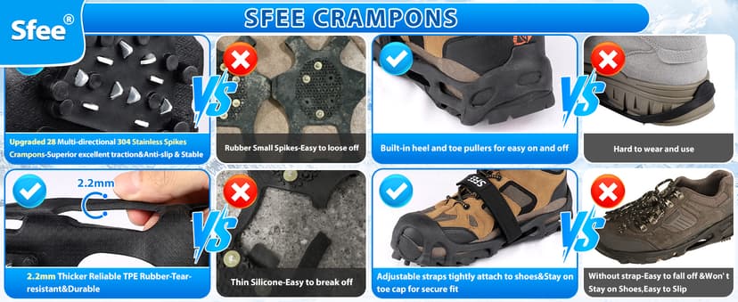 Sfee Crampons Ice Cleats for Shoes and Boots, 28 Steel Shoe Spikes Ultra-Grip Ice Cleats for Men Women Non-Slip Snow Traction Ice Grippers for Shoes and Boots for Walking, Hiking, Climbing, Fishing