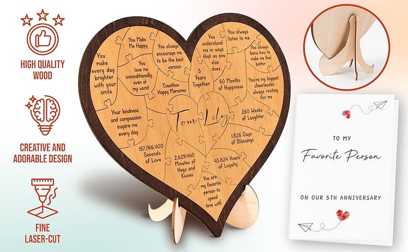 5 Year Anniversary Wood Gifts For Him Her - 5th Anniversary Marriage Gifts For Wife Husband, Wooden Wedding Gift For For Fifth Anniversary