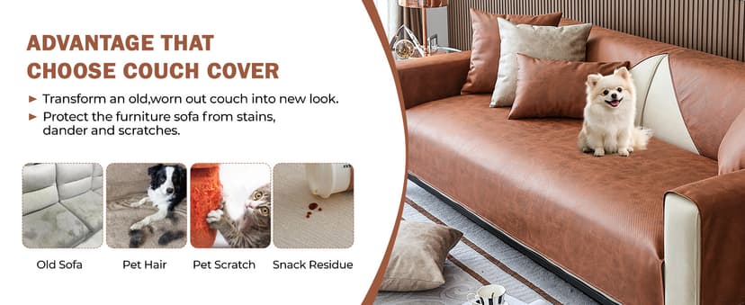 vctops Vintage Leather Look Sofa Cover Water Resistant Non-Slip Sectional Couch Cover Sofa Slipcover for Dogs, Children, Pets Furniture Protector (Coffee,43"x63")