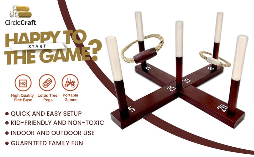 CircleCraft Rustic Ring Toss Game for Kids & Adults – Outdoor Yard Games with Rope Rings, Portable Wooden Lawn Game for Family Fun, Backyard, Beach, Camping & Picnic Activities for Christmas & Easter