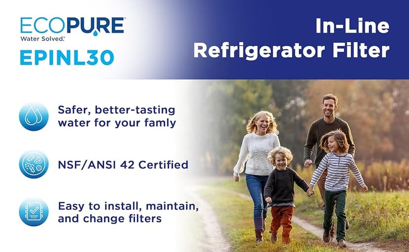 EcoPure EPINL30 5-Year In-Line Refrigerator Water Filter – Universal Fit for Most Fridges, Ice Makers, RVs & Boats – Reduces Chlorine Taste & Odor – Easy DIY Install with 1/4" Fittings