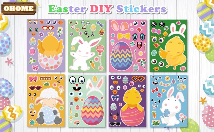 OHOME Easter Basket Stuffers for Kids - DIY Happy Egg Bunny Sticker Crafts Stickers for Toddlers,Kids Easter Gifts Decor Treats Games Toys Activities Party Favor Supplies(24 Sheets) B0CQ2MRY7Z