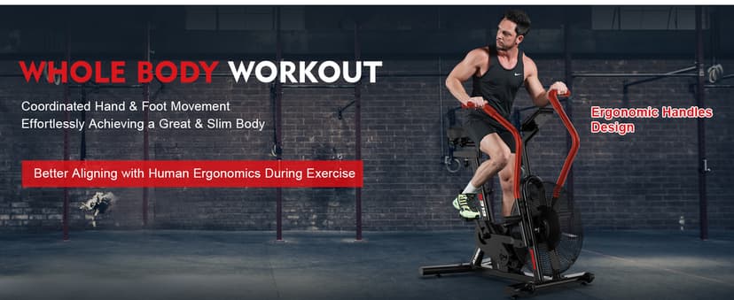 pooboo Exercise Bike, Stationary Bike for Home Gym, Air Resistance Bluetooth Fan Bike w/Dual Acction Handlebars & Dual-Layer Transmission System, Upright AirBike Indoor Cycling Bike for Cardio Workout