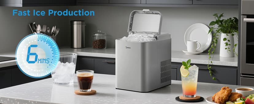 Midea MERI26B1AGY Countertop Bullet-Ice Maker, 8 Ice Bullets Ready in 6 Minutes, 26lbs/24H, Self-Cleaning Function with Ice Scoop and Basket for Home/Office/RV