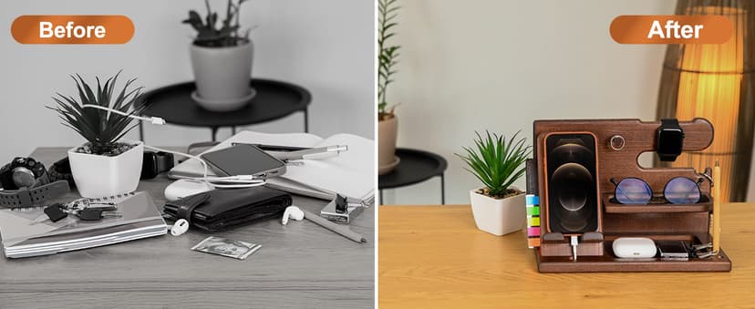 TESLYAR Wood Phone Docking Station for Men - Desk or Nightstand Organizer - Birthday Gifts for Husband, Dad - Anniversary Idea from Wife - Key Holder, Stand Wallet, Watch & Essentials (Bourbon Brown)