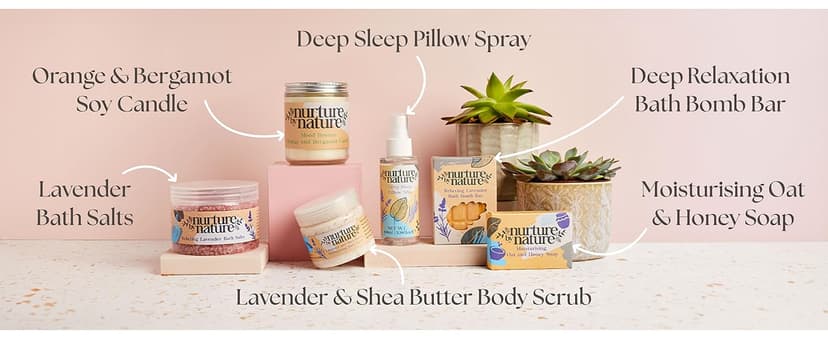 NURTURE BY NATURE Relax & Calm Christmas Gift Basket – Spa Gifts for Women with Bath Bomb, Hand Cream, Lavender Pillow Mist & Scented Candle - Vegan - Stocking Stuffers, Holiday Gifts, Gifts for Mom