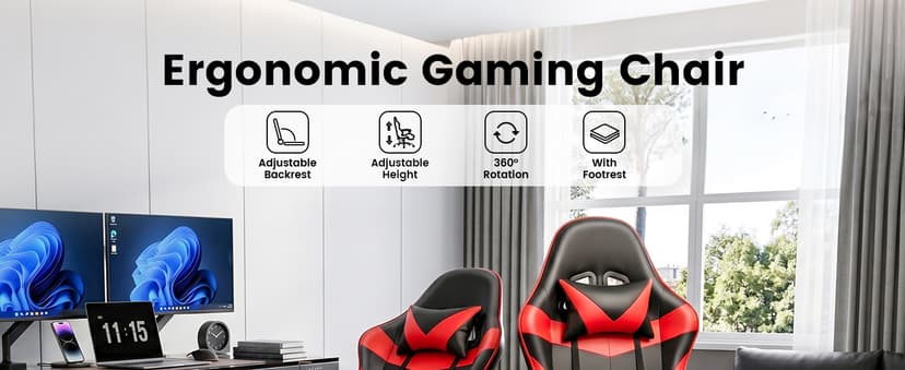 Gaming Chair, Ergonomic Computer Chair with Footrest and Lumbar Support, Height Adjustable Office Chair with 360° Swivel Seat and Headrest (Red & Black)