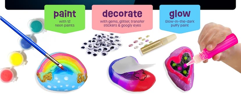 Dan&Darci Kids Rock Painting Kit - Glow in The Dark - Arts & Crafts Gifts for Boys and Girls Ages 6-12 - Craft Activities Kits - Creative Art Toys for 6, 7, 8, 9, 10, 11 & 12 Year Old Kid
