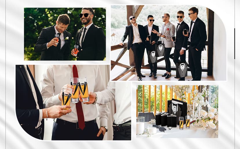 Tioncy 48 Pcs Groomsmen Proposal Gift 8 Engraved Pocket Knife 8 Groomsmen Gift Bags 8 Shot Glasses with Tuxedos 8 Stainless Steel Hip Flask 8 Poker Card Bottle Opener 8 Sunglasses