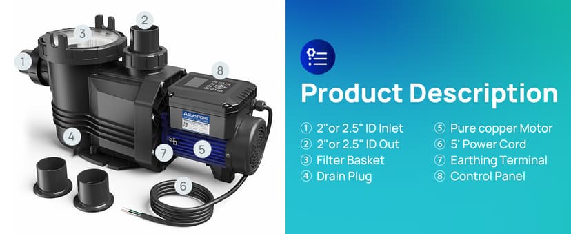Aquastrong Variable Speed Pool Pump In/Above Pool Pump Energy Efficient High Flow Powerful Self Primming Swimming Pool Pumps with Filter Basket,Black