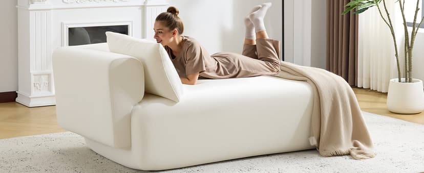 Bezseller Upholstered Chaise Lounge Indoor, Comfy Lounge Boucle Sofa, Modern Leisure Sleeper Sofa with Pillows, Recliner Chair Indoor for Living Room Bedroom Office, Beige