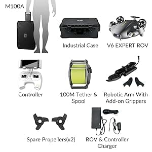 FIFISH QYSEA V6 Expert M100A Underwater Drone with Robotic Arm, AI Vision Lock Portable ROV with Q-Interface, Underwater Robot with Industrial Case, 6 Hours Working Time, 4K Camera, 330ft Dive