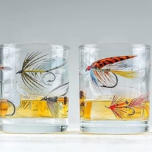 Greenline Goods – Fly Fishing Glass Set for Fisherman and Outdoorsman – Fly Lures Themed 10 oz Whiskey Drinking Glass Set of 2