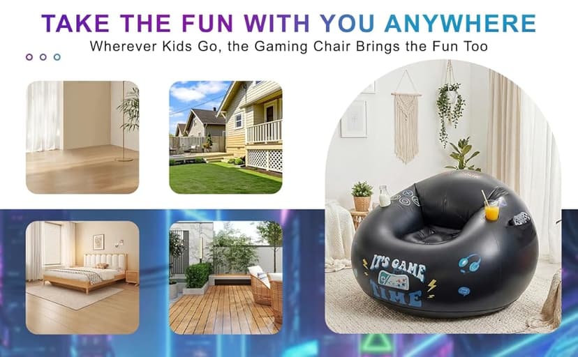 Inflatable Gaming Chair for Kids and Teens with Cup Holders and Side Pocket, Blow Up Bean Bag Gaming Chair for Boys, Comfortable Inflatable Lounge Seat for Gamer Room Decor and Boys Room Furniture
