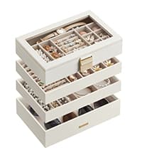 SONGMICS Jewelry Box Organizer with Glass Lid, 3-Layer Jewelry Storage, with 2 Drawers, Modern Style, Christmas Gift, 8 x 9.1 x 5.3 Inches, Cloud White and Gold Color UJBC239WT