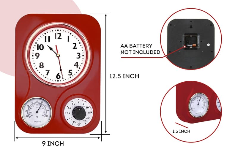 Lily's Home -9.5 Inch x 12.5 Inch -Retro Kitchen Wall Clock, Vintage Wall Clock with a Thermometer and 60-Minute Timer, Ideal for Any Kitchen, Office, or Diner (Retro Red)