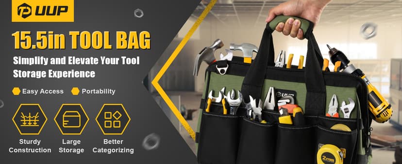 Heavy Duty Tool Bag 15-Inch, 16-Pocket Portable Empty Tool Box Organizer Storage, Toolbox Organization, Soft Handle Large Zipper Carrying Toolbag, Dad Men Mechanic Birthday Stocking Stuffer Gifts