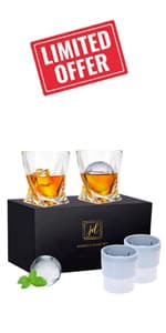 Whiskey Rocks Glass Set In Gift Box - Includes 2 Crystal Bourbon Glasses and 2 Big Ice Ball Molds - 10 Oz Old Fashioned Glasses for Scotch, Cocktails, Rum, Cognac, Vodka - Unique Gift for Men