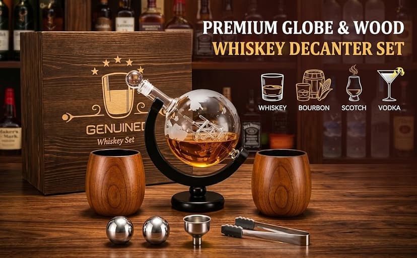 Whiskey Bottle, Liquor Decanter, With 11oz Smoke Bourbon Glass(2), Whiskey Gifts for Men, Dad, or Husband, Wooden Gifts Box GENUINED 30oz Globe Whiskey Decanter Set w/2 Charred Wooden Whiskey Glasses B0GV26PYCT