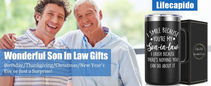 Lifecapido Son in Law Gifts, I Smile Because You’re My Son-in-law 20oz Insulated Coffee Mug, Birthday Christmas Gifts for Son in Law, Black
