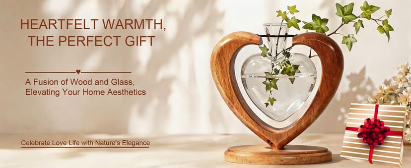 Rooting Vase for Cuttings, Plant Terrarium, Air Plant Holder, Plant Lovers Mom Wife Gift Home Office Christmas Tabletop Decor Plant Propagation Station, Heart Glass Vase, Solid Wooden Stand B0GL1XT2S7