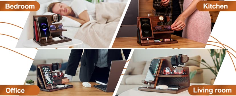 TESLYAR Wood Phone Docking Station for Men - Desktop or Nightstand Organizer - Birthday Gifts for Men, Dad - Anniversary Idea from Wife - Key Holder, Stand Wallet, Watch & Essentials (Bourbon Brown)