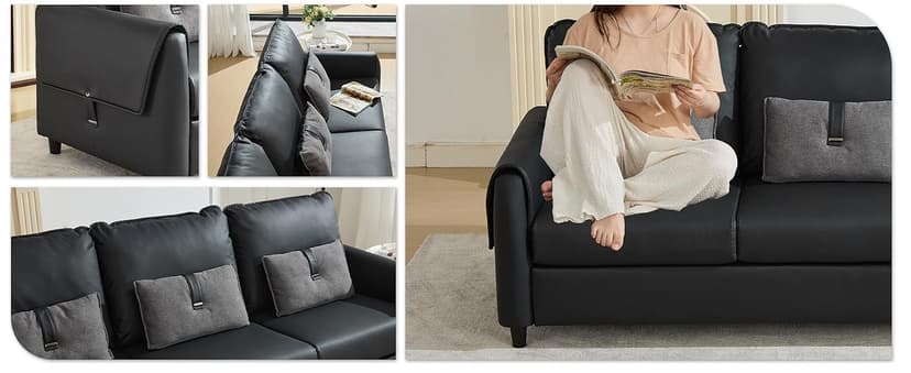 STHOUYN 88” Faux Leather Couch for Living Room, Black Office Couch Small Space, Comfy 3 Seater Couches Leather Sofa with High Backrest (Black)