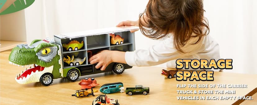 JOYIN 13 in 1 Dinosaur Toys for Kids 3-5, Dinosaur Truck with 12 Pull Back Cars, Birthday Gifts Toys for 3 4 5+ Year Old Boy, Transport Carrier Truck for Toddlers, Christmas Great Gifts for Grandkids