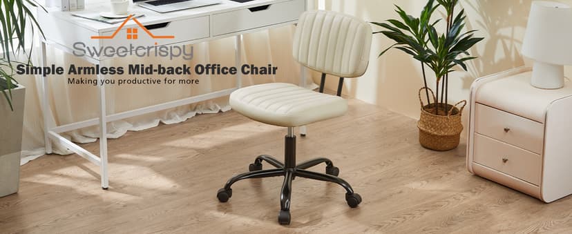 Sweetcrispy Small Office Desk Chair - Armless PU Leather with Comfy Lumbar Support, Height Adjustable Rolling Swivel Task for No Arms, for Adult, Student, Bedroom, Home, Vanity, Beige White