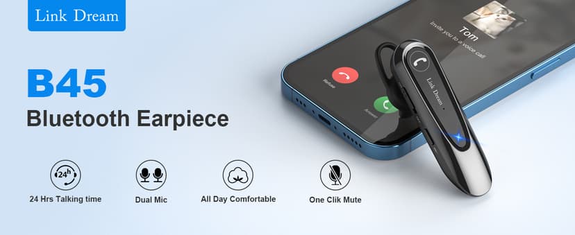 Link Dream Bluetooth Earpiece Wireless CVC8.0 Headset for Cell Phone Dual Mic Noise Canceling Earpiece Phone with Mute Key 20H Talk 180 Days Standby for iPhone Android Home Office Driving (1 Pack)