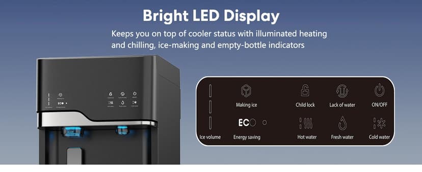 IKT Hot and Cold Water Cooler Built in Ice Maker Bottom Loading 5 Gallon, Bullet Ice 22lbs Per Day, LED Display, for Home or Office Black
