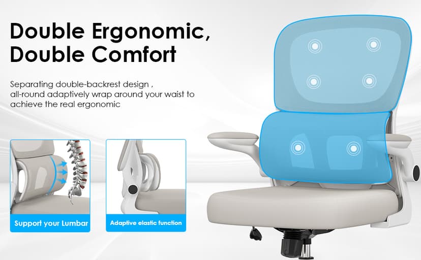 Soohow Office Chair, Mesh Ergonomic Office Chair with Lumbar Support, Comfy Computer Desk Chair with Flip Armrest Rolling Wheels for Home Study Room Office, White & Khaki
