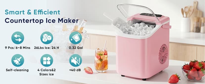 DUMOS Ice Maker Countertop, Ice Machine with Portable Handle, Basket and Scoop, 26lbs Daily, 9 Bullet Cubes in 6~8 Mins, Auto-Cleaning for Home, Kitchen, Office, Outdoors, RV Camping