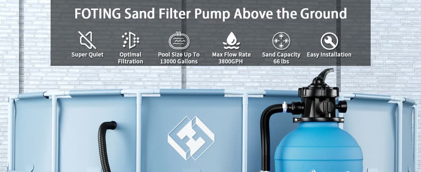 FOTING Sand Filter Pump for Above Ground Pool, Pool Sand Filter with Timer, 7-Way Multi-Port Valve, Pool Pumps Above Ground, 13in 1HP 3800GPH for 13000GAL Pool