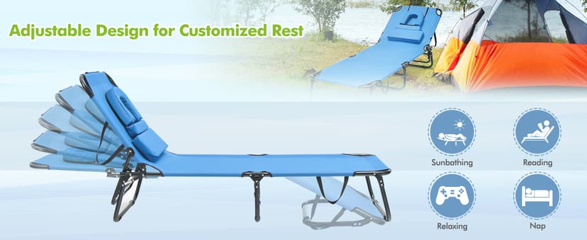 GYMAX Tanning Chair, 330lbs Beach Lounge Chair with Face Hole, Washable Pillow & Carry Strap, Adjustable Folding Chaise Lounge, Layout Lounger for Outside, Patio, Poolside, Lawn (1, Blue)