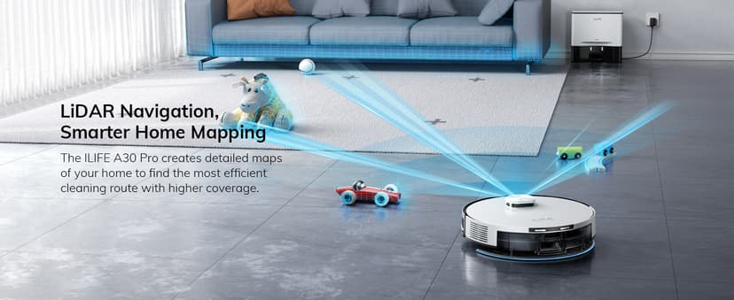 ILIFE A30 Pro Robot Vacuum and Mop, Self Emptying Station for 60 Days, 5000Pa Suction, LiDAR Navigation, No-Go Zones, 2.4G WiFi/App/Alexa/Remote Control, Roller Brush for Carpet, Hard Floors, 110V