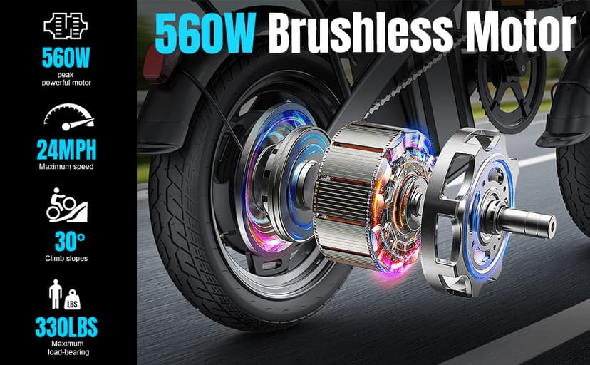 Electric Bike for Adults and Teens, 560W Motor 24MPH Compact Commuter Ebike, 32 Miles Range, 48V 10Ah Battery, 3 Shock Absorbers, 14" Mini Foldable Electric Bicycles with Basket, UL 2849 Certified