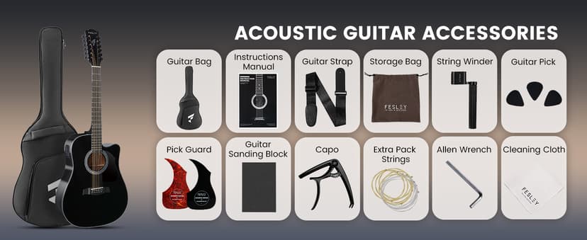 Fesley 12 String Guitar: 42" Full Size Acoustic Electric Guitars for Beginners Adults, Spruce Top Guitarra Acustica, Cutaway Guitar Bundle with Gig Bag, Picks, Strings, Strap, Gloss, Black