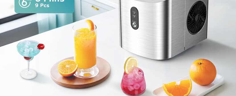 EUHOMY Ice Maker Countertop, Portable Ice Machine with Carry Handle, 26.5lbs Per Day, 9 Cubes in 6 Mins, Auto-Cleaning, with Basket and Scoop, for Home, Kitchen, Camping, RV (Silver)