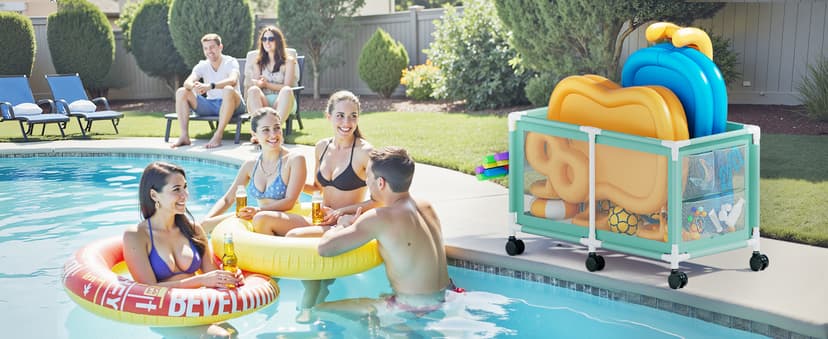280 Gallon 69" Pool Storage Bin XXL Extra Large Swimming Pool Float Storage Bin, Pool Noodles Holder, Toys, Floats, Balls and Floats Equipment Mesh Rolling Bin for Garden Lawn, 69" Lx32 Wx35 H