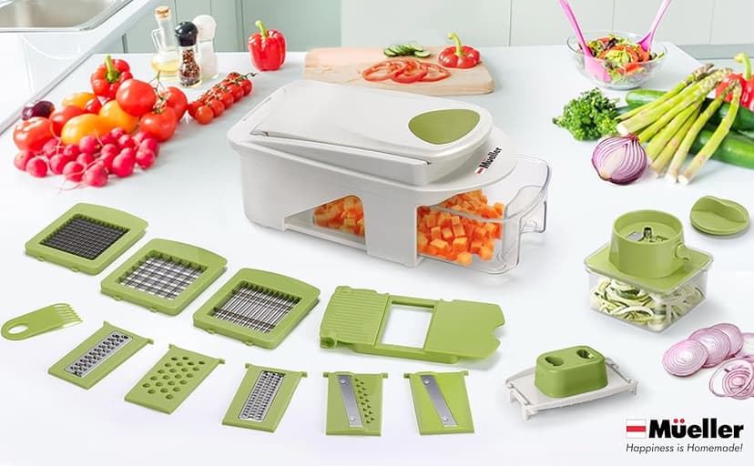 Mueller Pro-Series All-in-One, 12 Blade Mandoline Slicer for Kitchen, Food Chopper, Cucumber Slicer and Spiralizer, Cutter, Dicer, Grater, Gifts for Mom, Kitchen Essentials, White Sand/Green