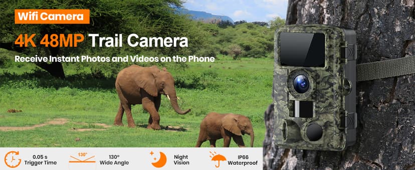 Trail Camera - 4K 48MP WiFi Game Camera with Night Vision, 0.05s Trigger Motion Activated Camera, IP66 Waterproof, 130 Wide-Angle Cell Phone App No Glow Infrared LEDs for Outdoor Wildlife
