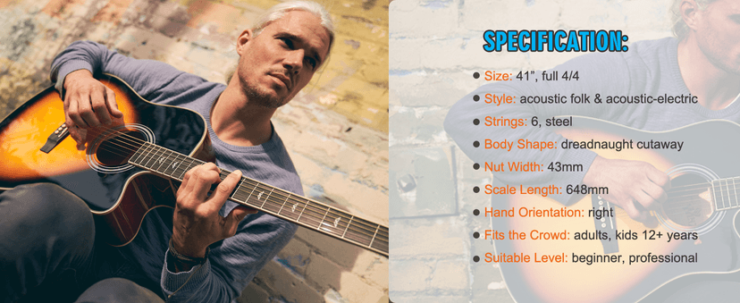 Winzz Acoustic-Electric Guitar 4/4 Full Size for Adults Beginners and Teens,6 Steel-String Acustica Guitarra Starter Kit, 4-Band Equaliser, 41" Dreadnought Cutaway, Glossy Sunburst, Right Hand