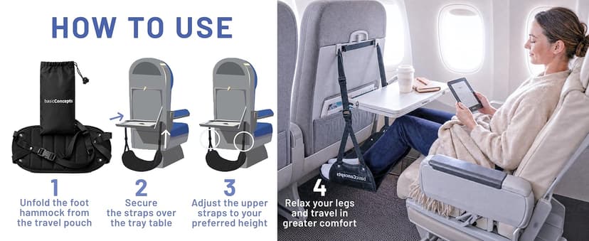 BASIC CONCEPTS Airplane Foot Hammock for Plane Travel Essentials - Airplane Travel Essentials, Long Flight Foot Rest - Plane Gadgets B07SK6ZFLM