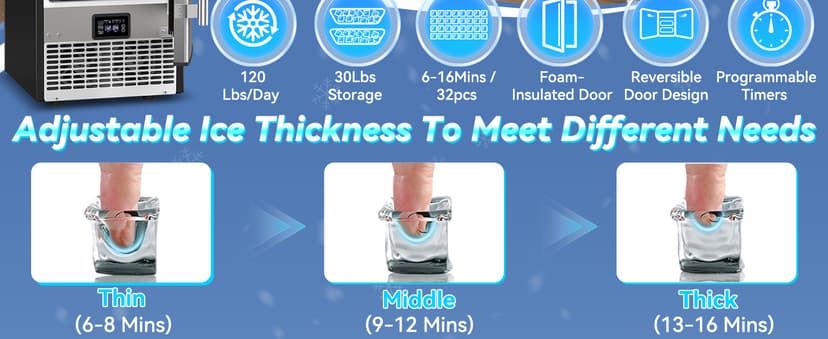SOZT® Under Counter Ice Maker with Refrigerator Function, 120LBS/24H Commercial Ice Machine, No-Melt Ice Storage, 24H Timer & Self-Cleaning, Built-in/Freestanding for Home Bar Cafe Restaurant