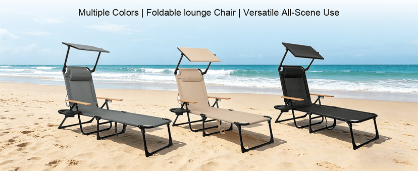 Folding Lounge Chair with Canopy, Tanning Chair with 4-Position Reclining Back, Folding Sun Lounger, Outdoor Lounge Chair for Beach, Poolside, Backyard, Camping, UPF 50+ Sun Shade, 300 LBS