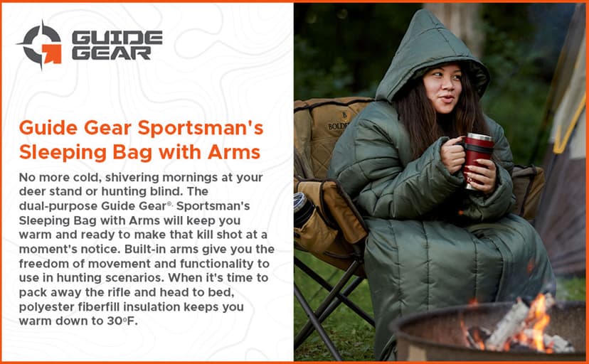 Guide Gear Sportsman’s Sleeping Bag with Arms for Adults Cold Weather, Hunting, Camping, Hiking Accessories